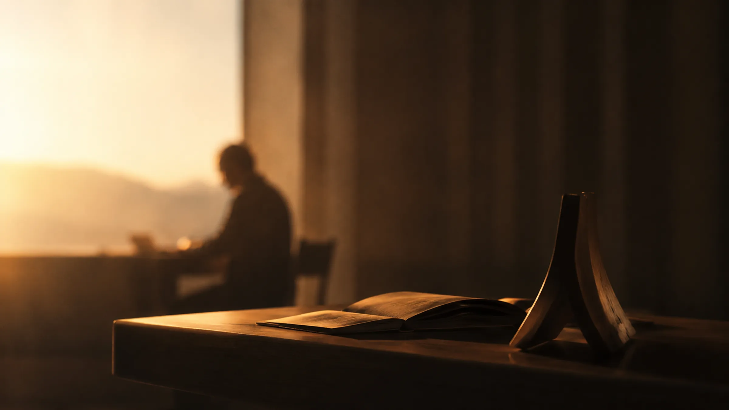 An open book and the Archetype device on a desk at dusk, a person working by the window behind